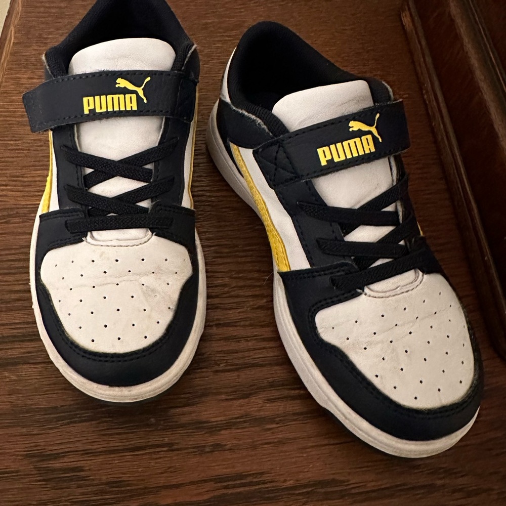 Puma rebound layup lo white and yellow and navy blue kids shoes